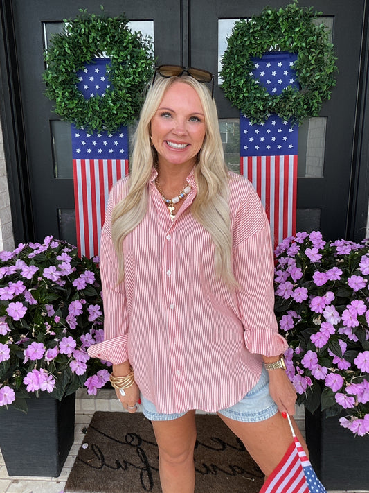 Red Striped Button-Up Shirt