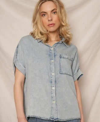 Washed Denim Button Down Top