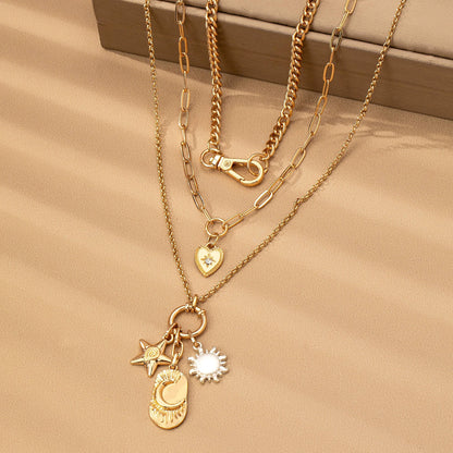Multi Layer Celestial Star Moon Charm Necklace