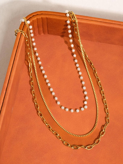 Cadeaux 18K Gold Non-Tarnish Stacked Pearl Chain Necklace