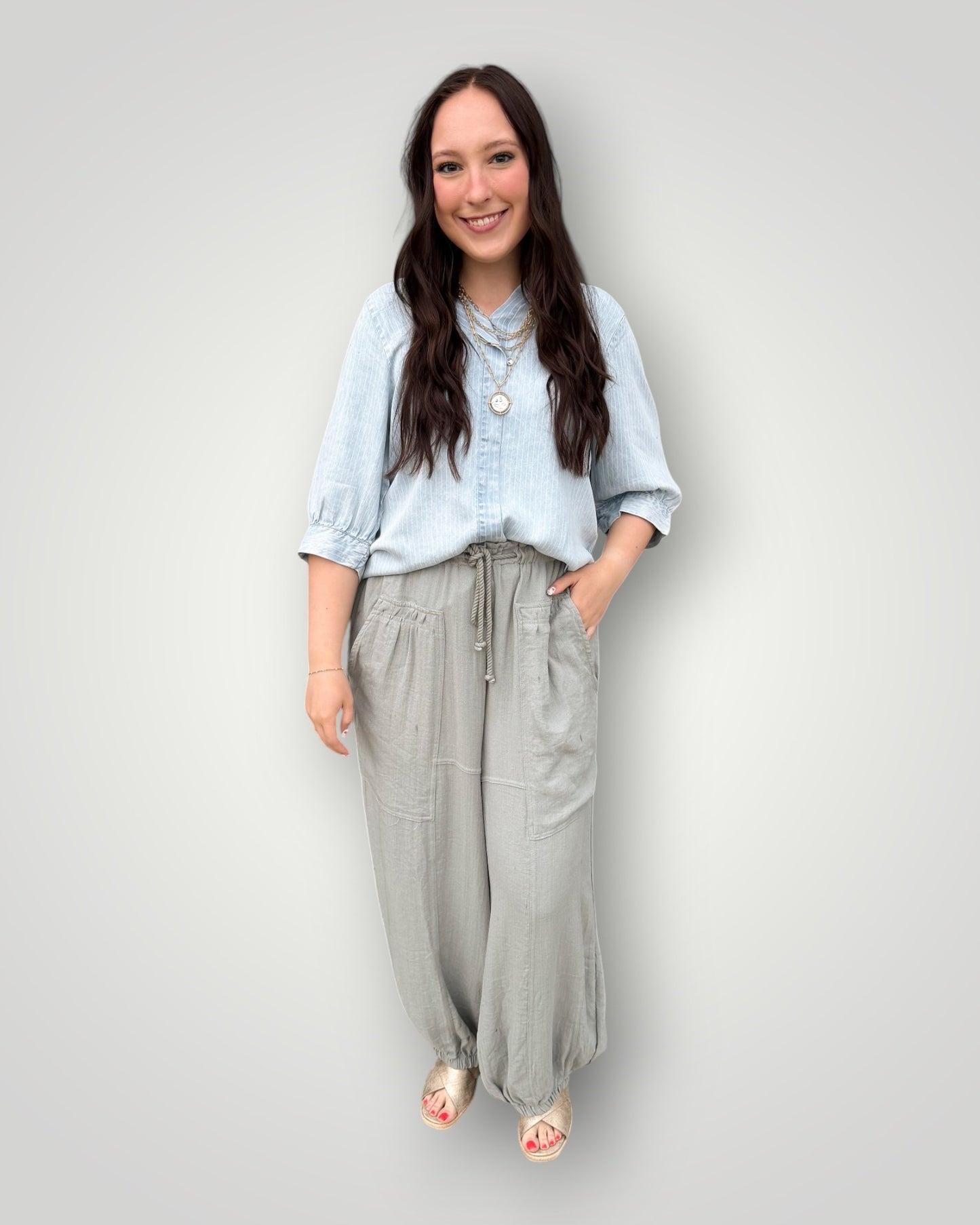Light Wash Pinstripe Denim Top