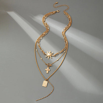 Layer Celestial Cross Sun Charm Necklace