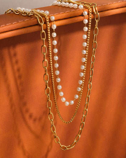 Cadeaux 18K Gold Non-Tarnish Stacked Pearl Chain Necklace