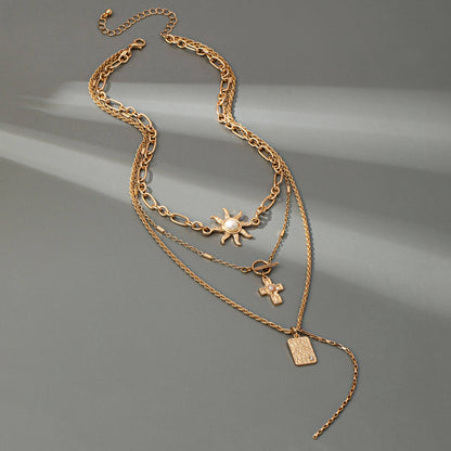Layer Celestial Cross Sun Charm Necklace