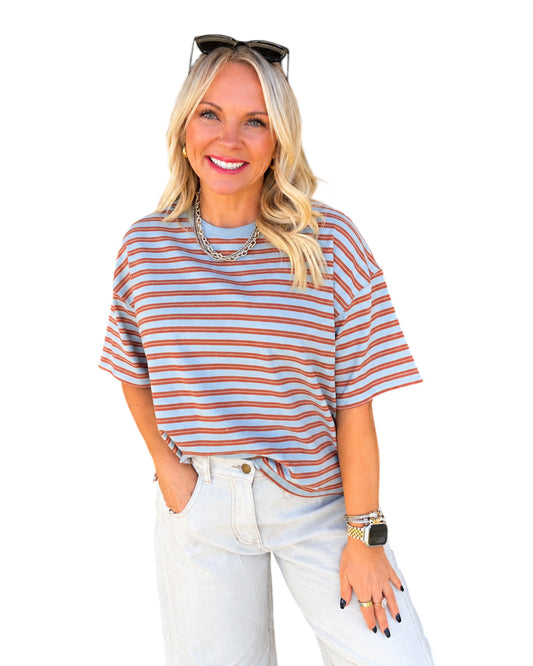 Double Striped Short Sleeve Top - Blue