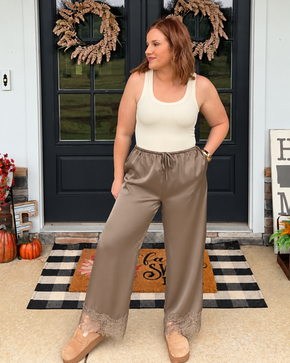 Iris Satin Wide Leg Pants - Stone