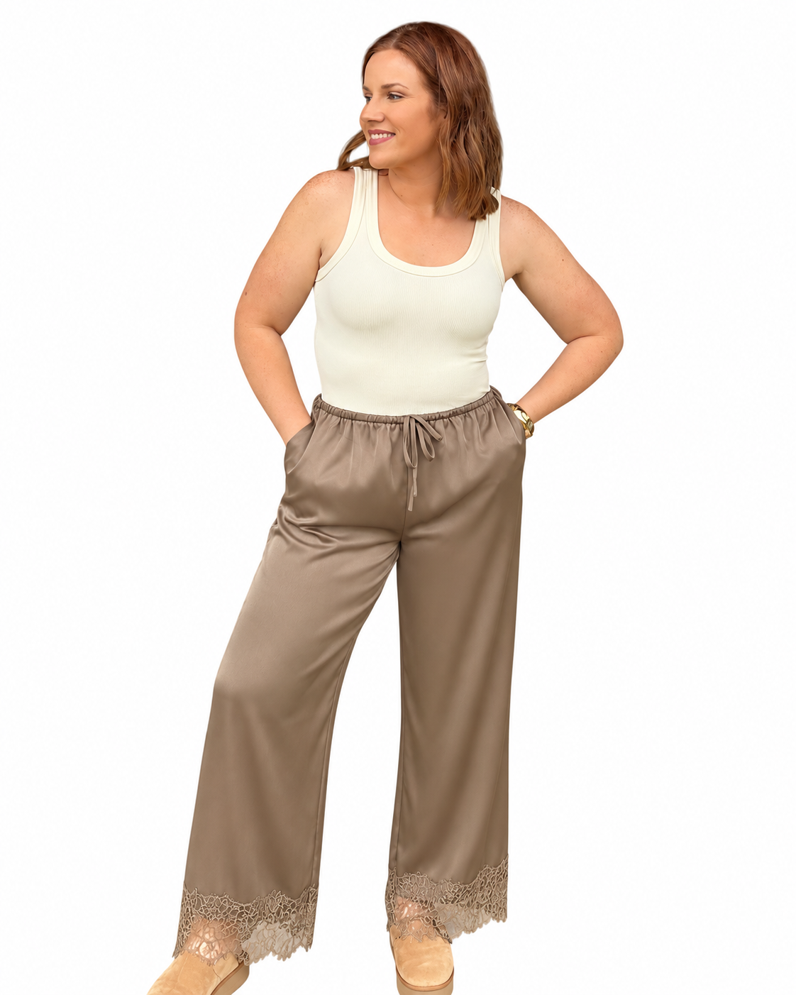 Iris Satin Wide Leg Pants - Stone