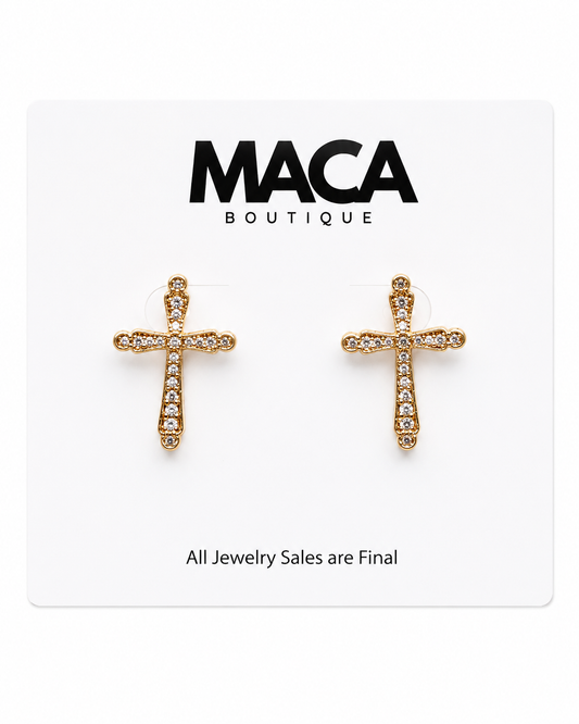Gold Crystal Cross Stud Earrings
