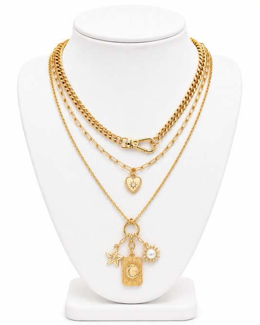 Multi Layer Celestial Star Moon Charm Necklace