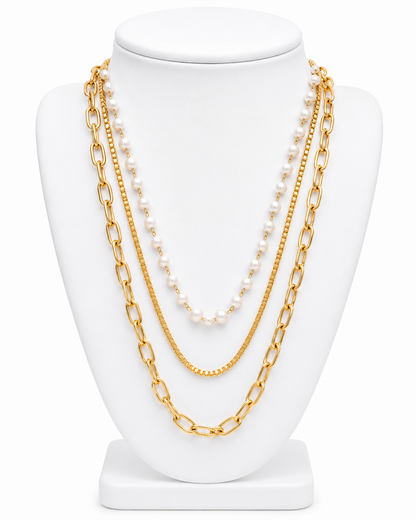 Cadeaux 18K Gold Non-Tarnish Stacked Pearl Chain Necklace