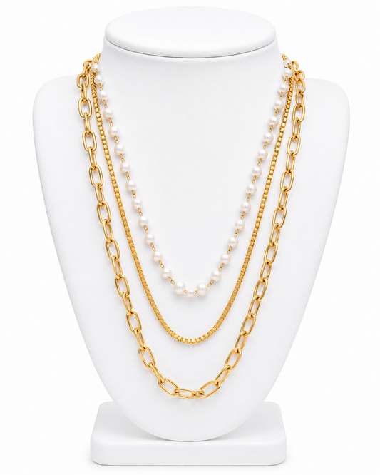 Cadeaux 18K Gold Non-Tarnish Stacked Pearl Chain Necklace