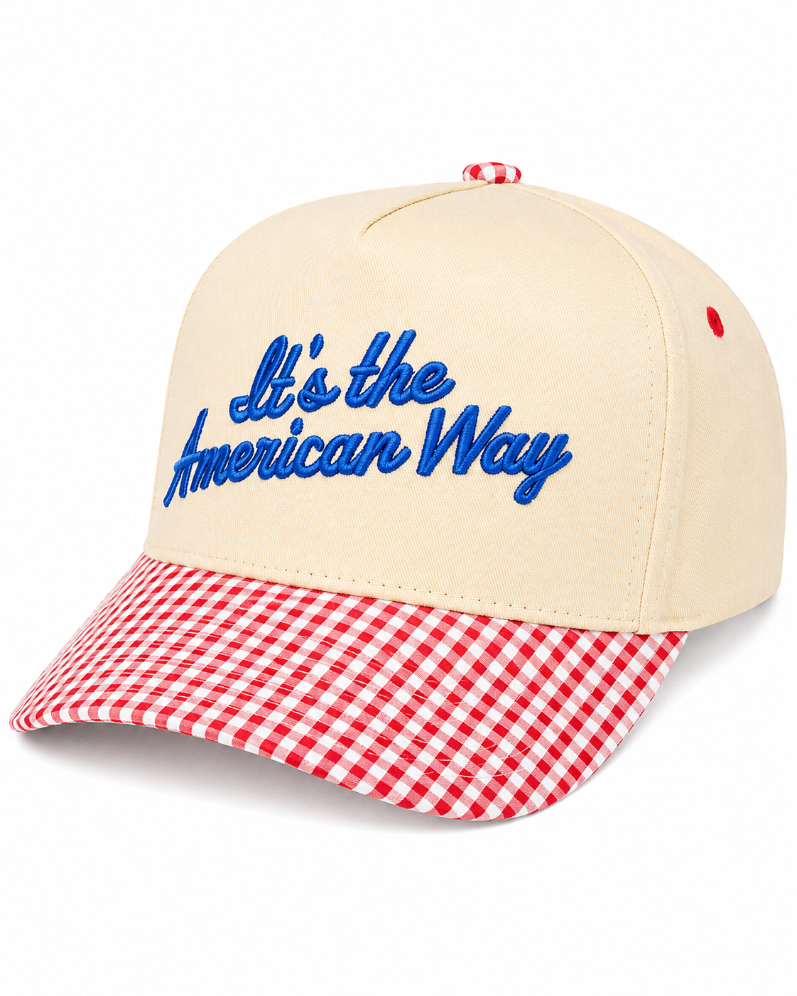 Beige cap with red checkered brim and blue text 'It's the American Way' on a white background
