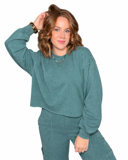 Mineral Wash Raw Hem Sweatshirt - Green