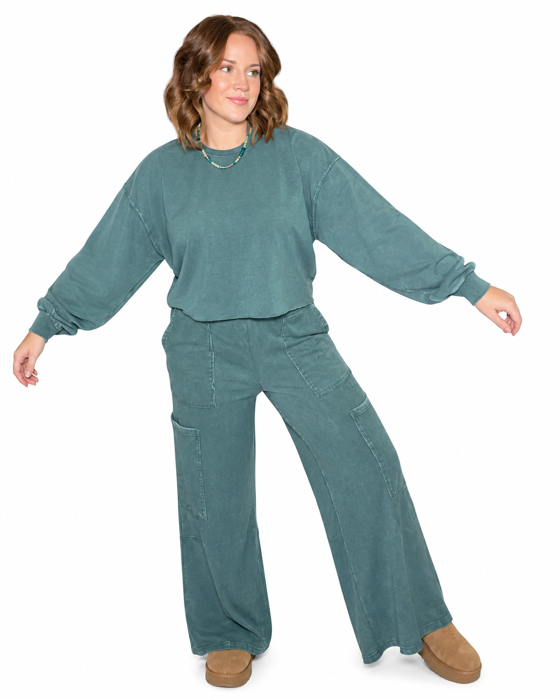 Mineral Wash Wide Leg Cargo Pants - Green