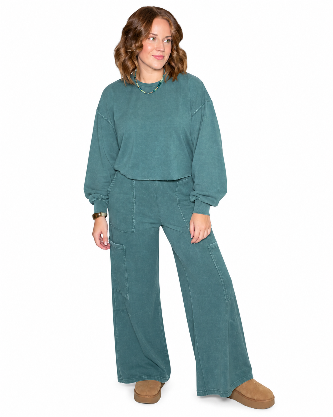 Mineral Wash Wide Leg Cargo Pants - Green