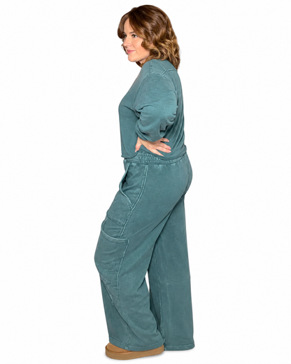 Mineral Wash Wide Leg Cargo Pants - Green