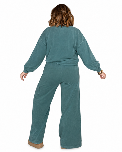 Mineral Wash Wide Leg Cargo Pants - Green