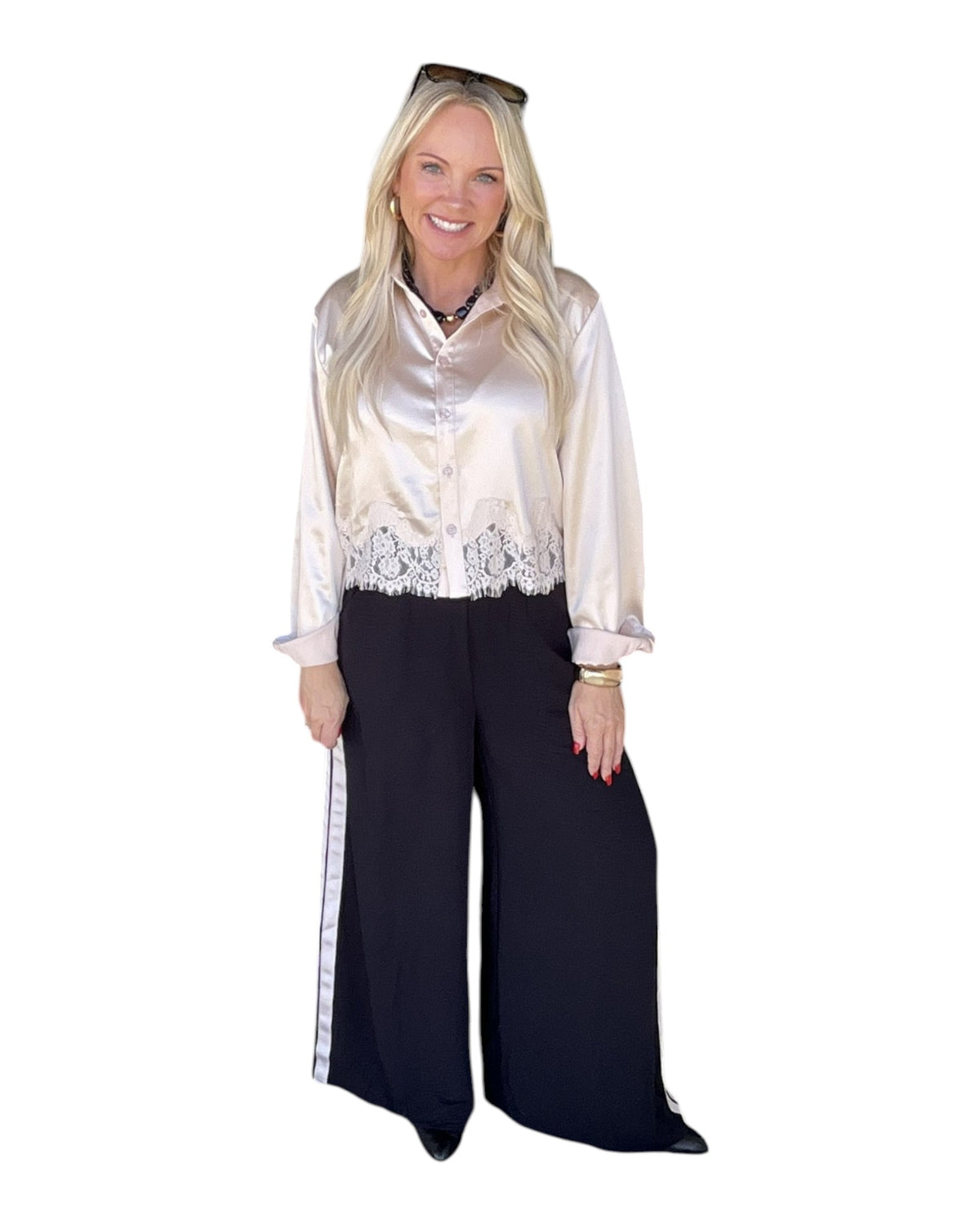 Lace Trim Hem Long Sleeve Top - Champagne