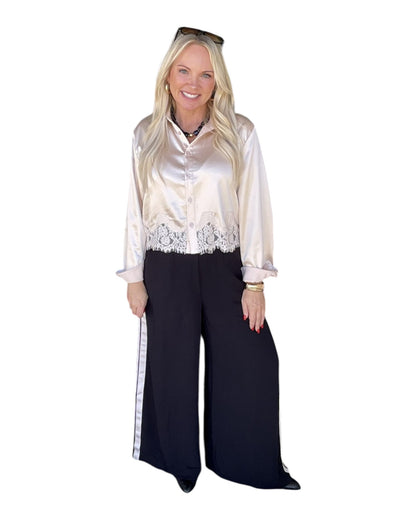 Lace Trim Hem Long Sleeve Top - Champagne