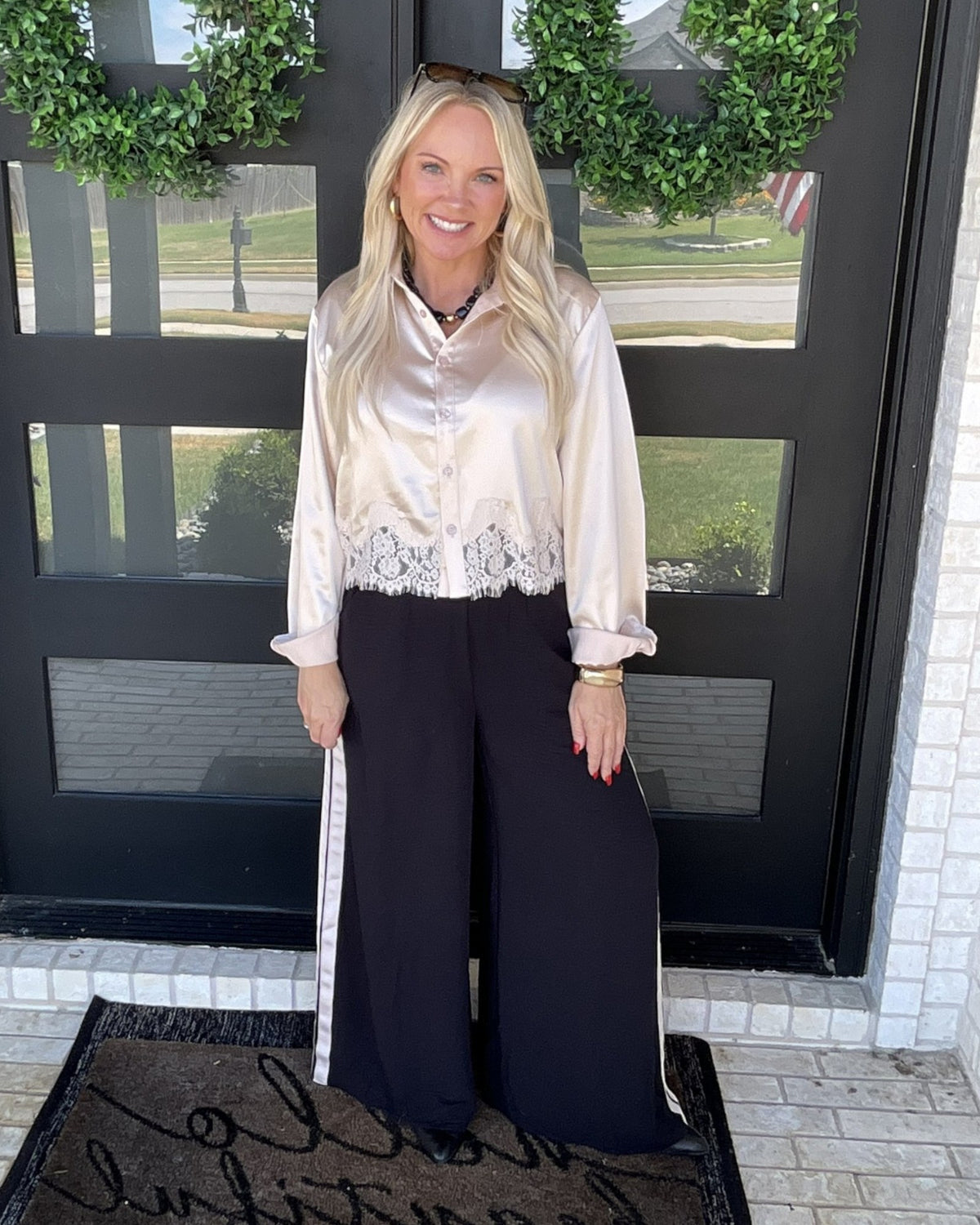 Lace Trim Hem Long Sleeve Top - Champagne