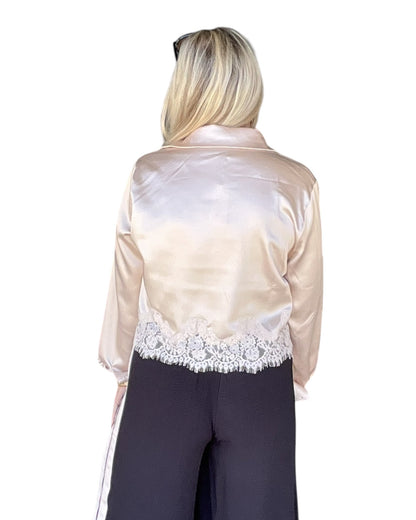 Lace Trim Hem Long Sleeve Top - Champagne