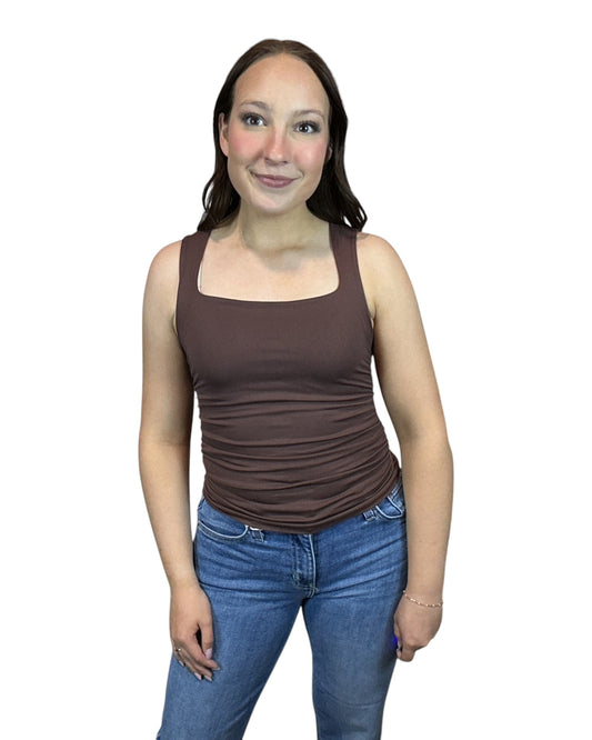 Clean Line Square Shirred Tank Top - Brown