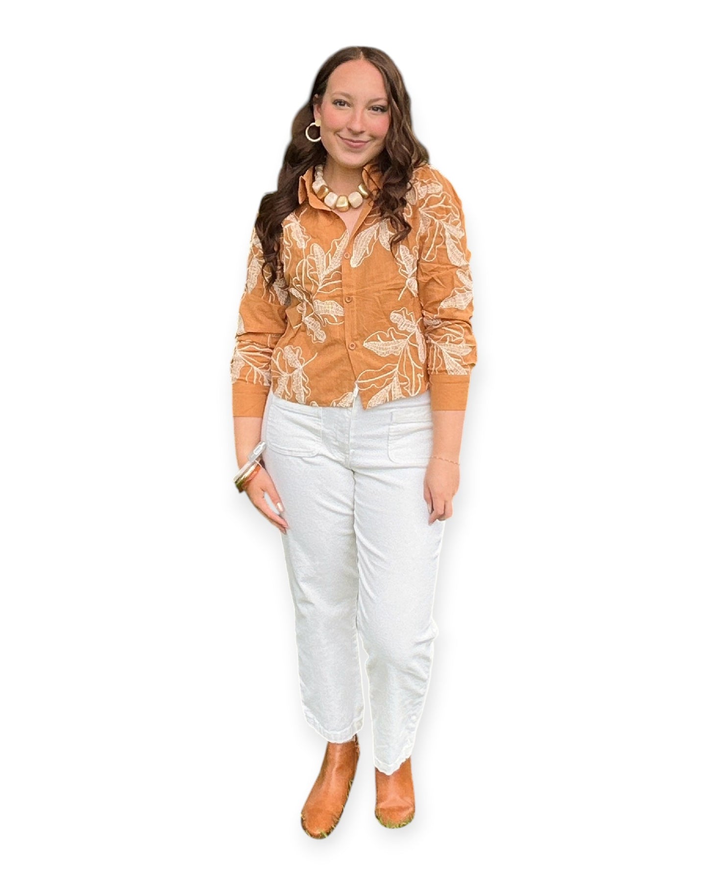 Embroidered Long Sleeve Top - Brown