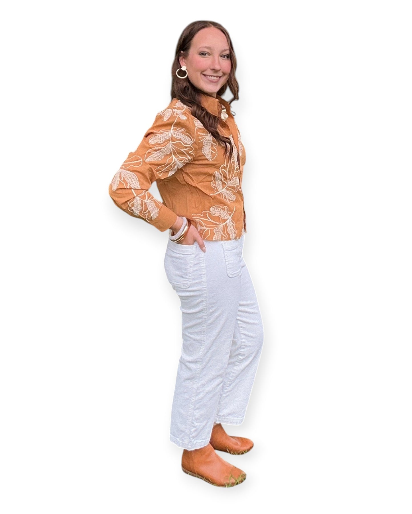 Embroidered Long Sleeve Top - Brown
