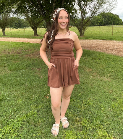 Strapless Shirred Waist Romper