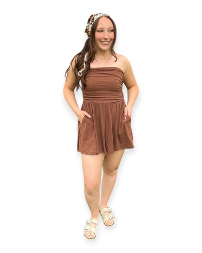 Strapless Shirred Waist Romper