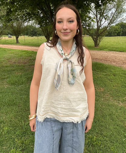 Frayed Stitch Detail Sleeveless Top - Natural