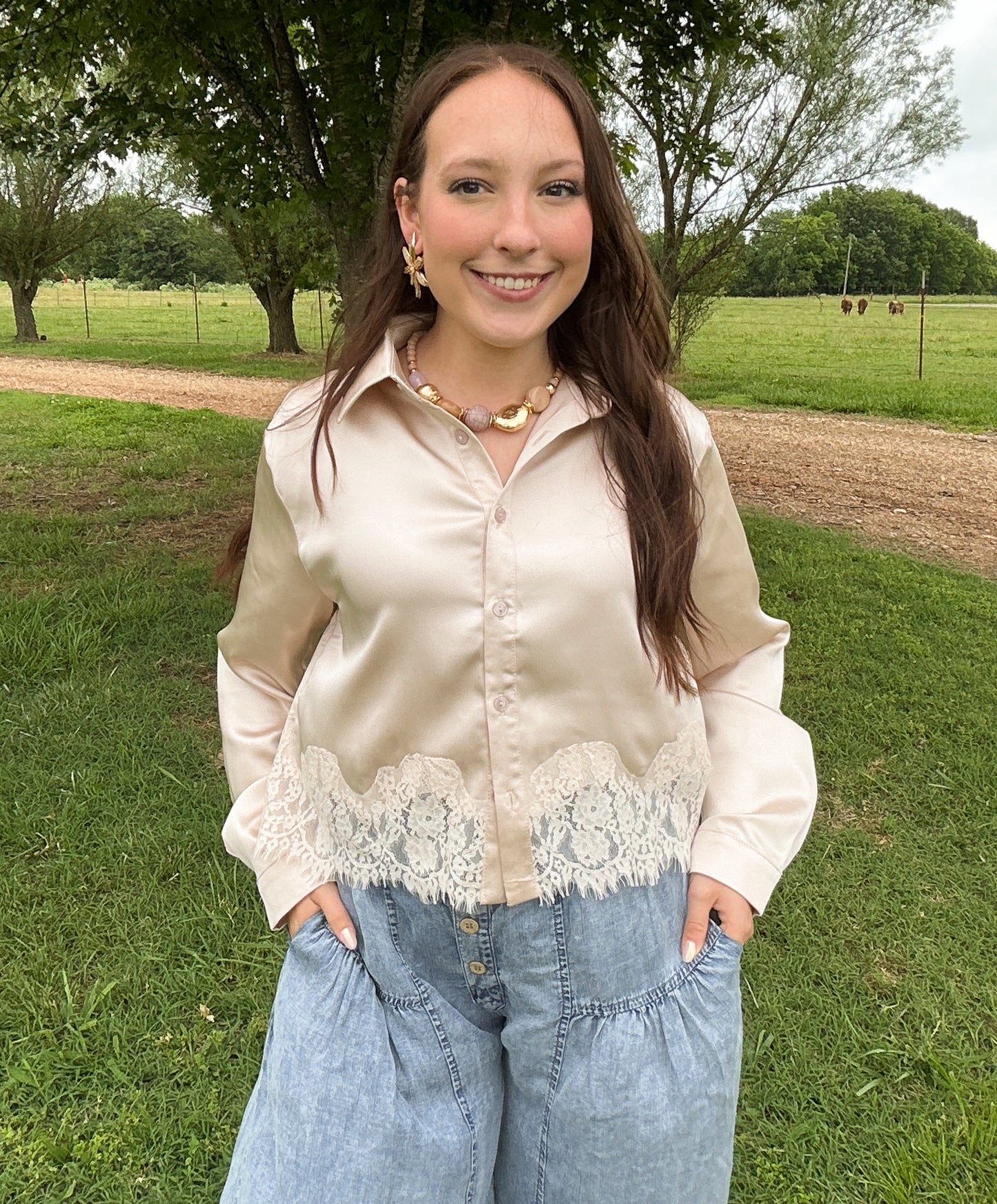 Lace Trim Hem Long Sleeve Top