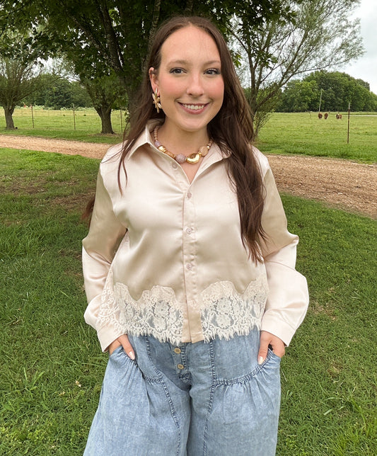 Lace Trim Hem Long Sleeve Top