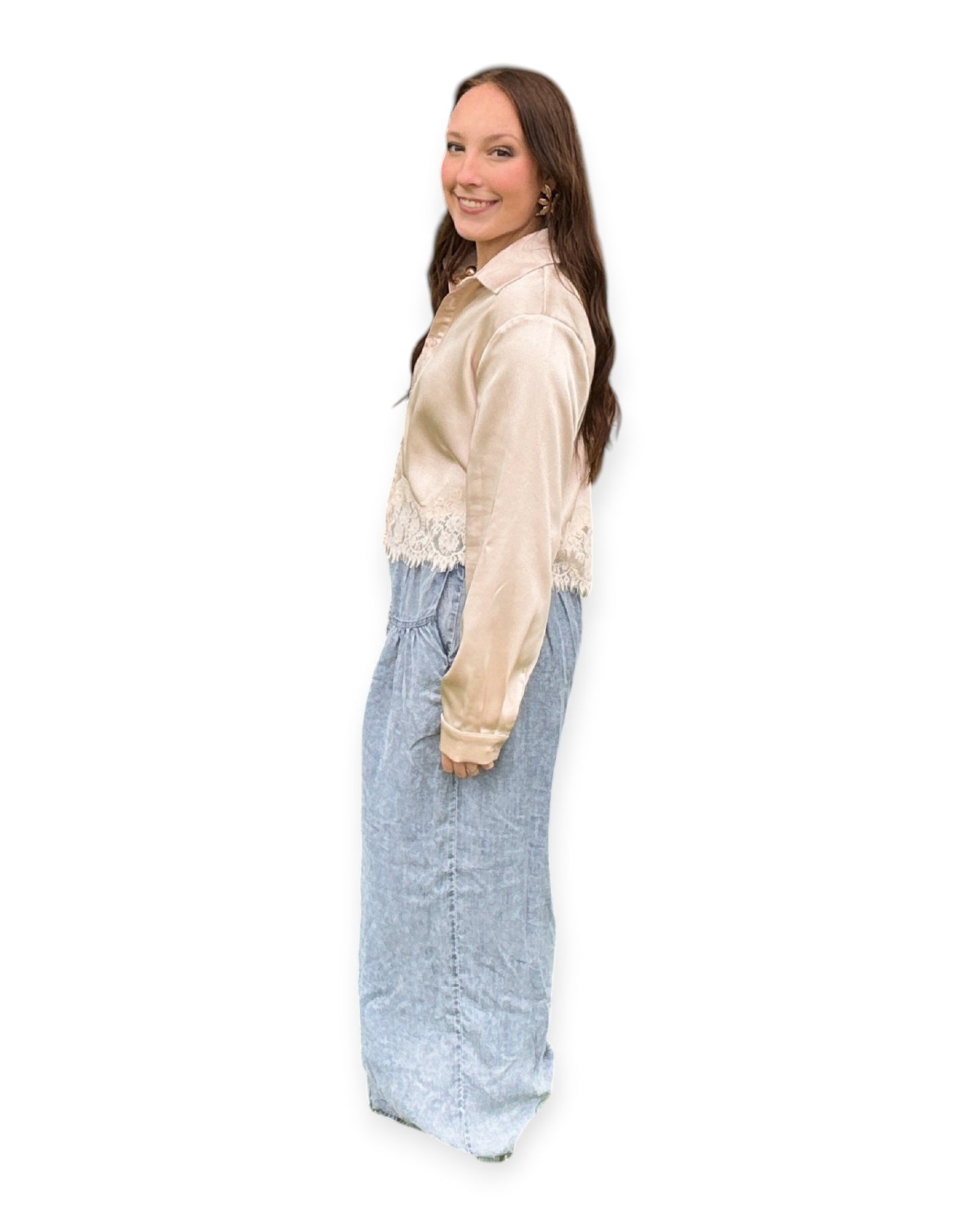 Lace Trim Hem Long Sleeve Top
