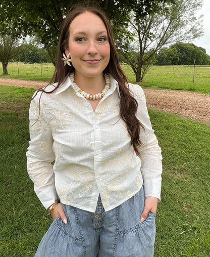 Embroidered Long Sleeve Top - Cream