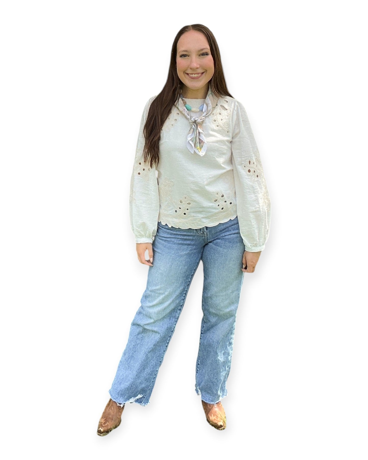 Cream Embroidered Long Sleeve Top
