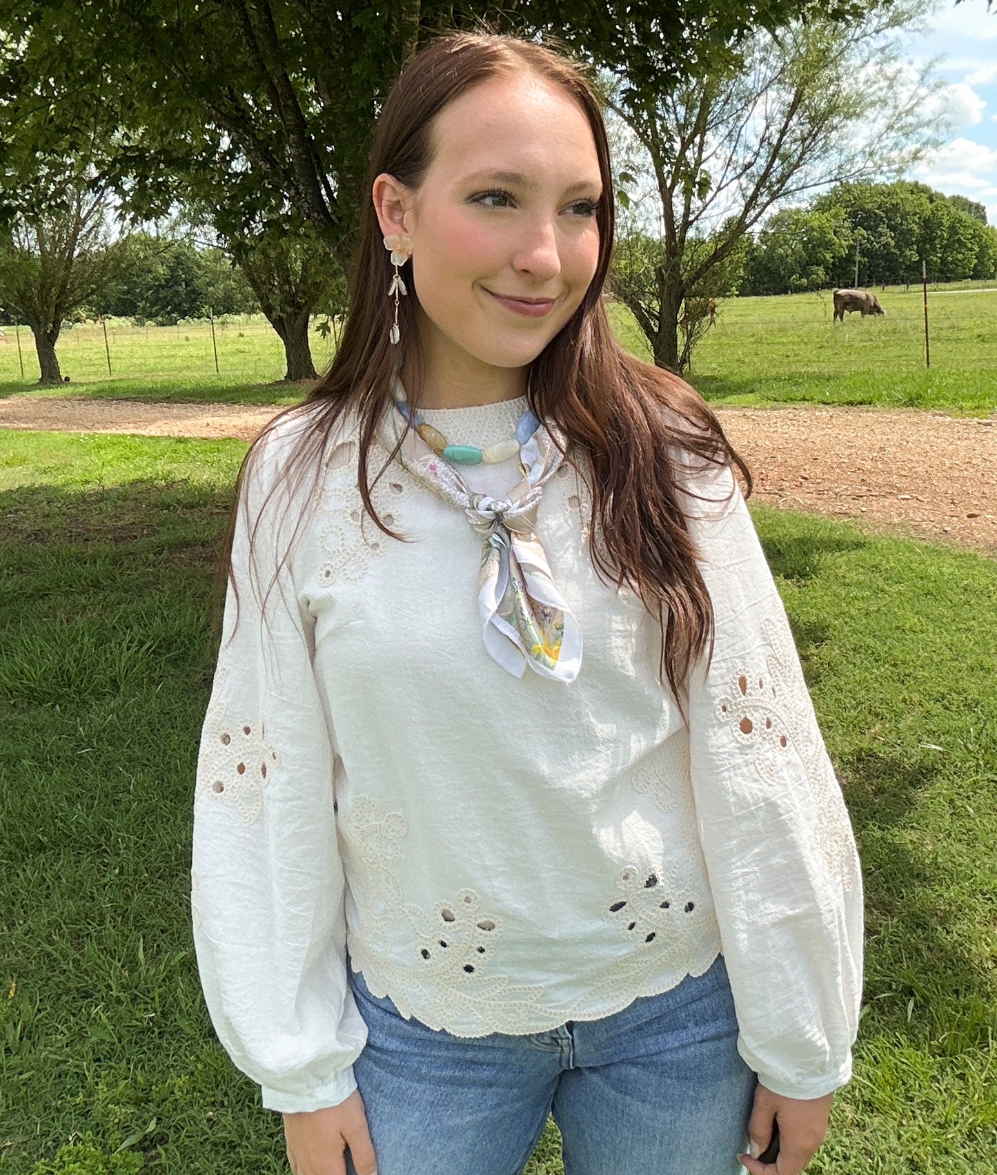 Cream Embroidered Long Sleeve Top