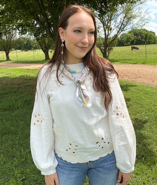 Cream Embroidered Long Sleeve Top