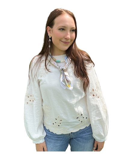 Cream Embroidered Long Sleeve Top