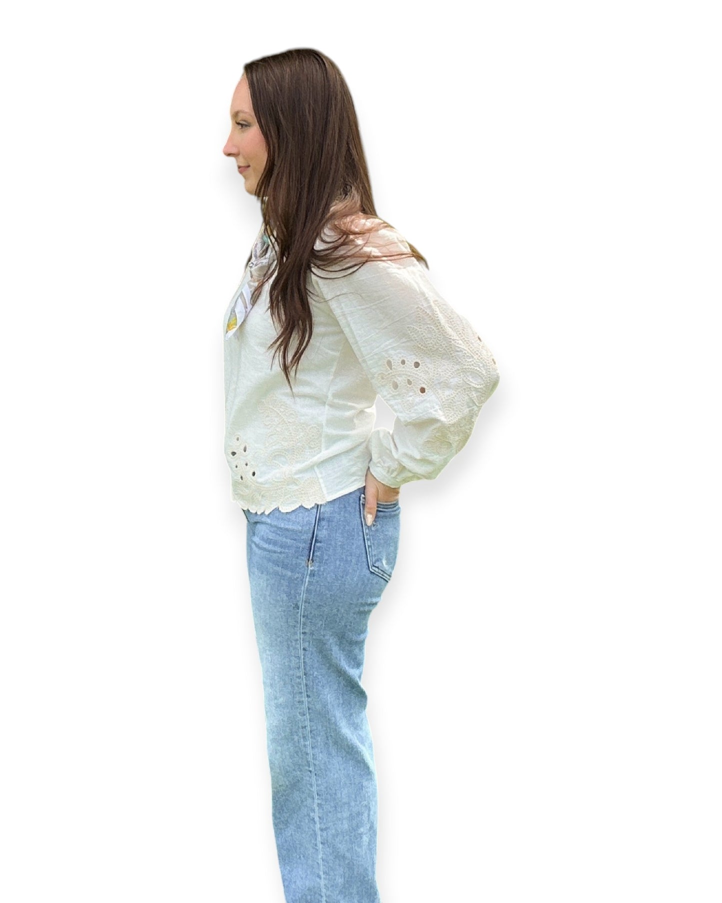 Cream Embroidered Long Sleeve Top