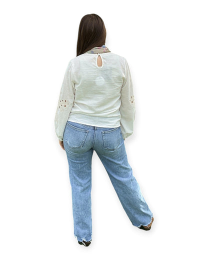 Cream Embroidered Long Sleeve Top