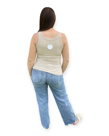 Scoop Neck Tank with Built-in Bra - Beige