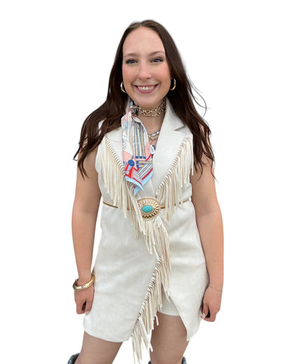 Faux Suede Fringed Sleeveless Longline Vest