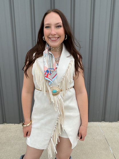 Faux Suede Fringed Sleeveless Longline Vest