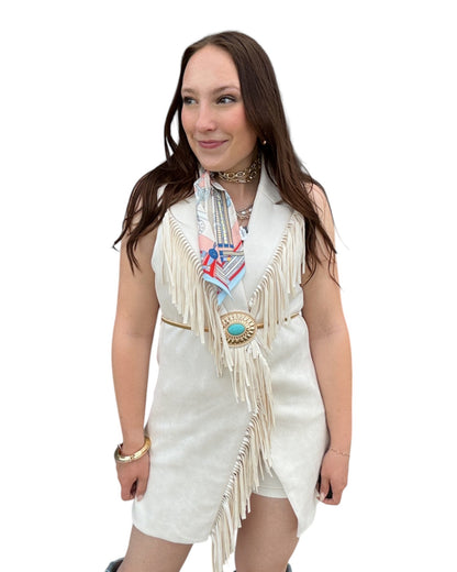 Faux Suede Fringed Sleeveless Longline Vest