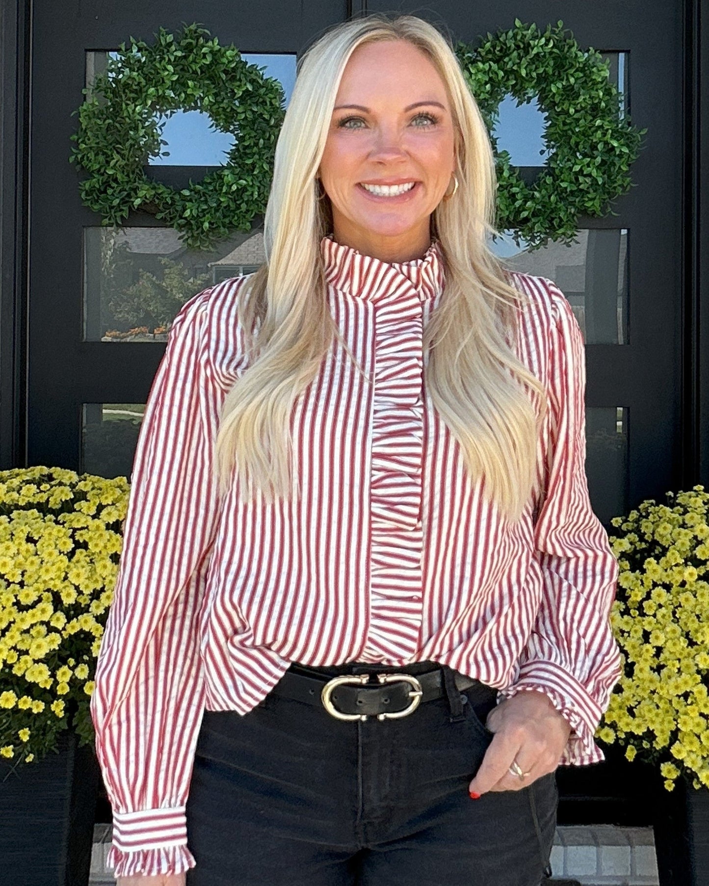 Cider Stripe Ruffle Blouse - Red