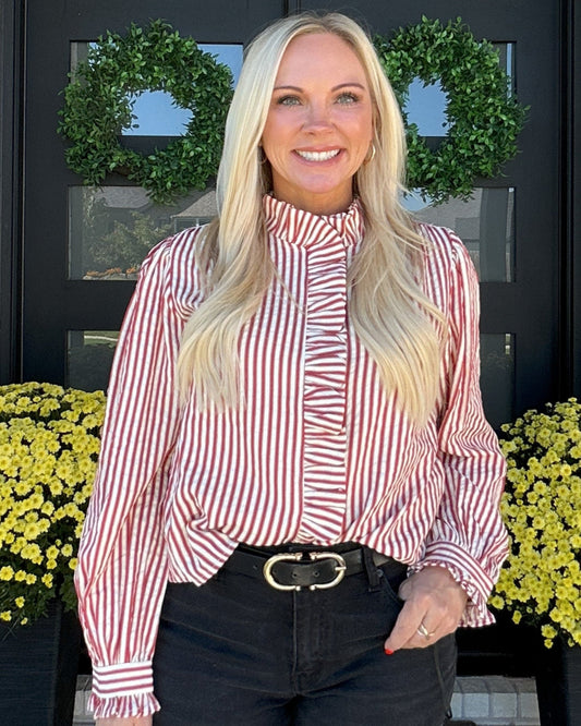 Cider Stripe Ruffle Blouse - Red
