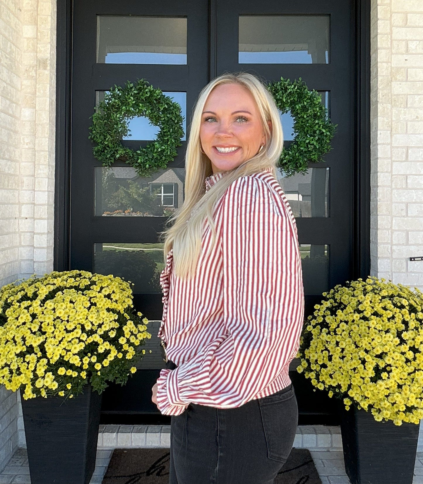Cider Stripe Ruffle Blouse - Red