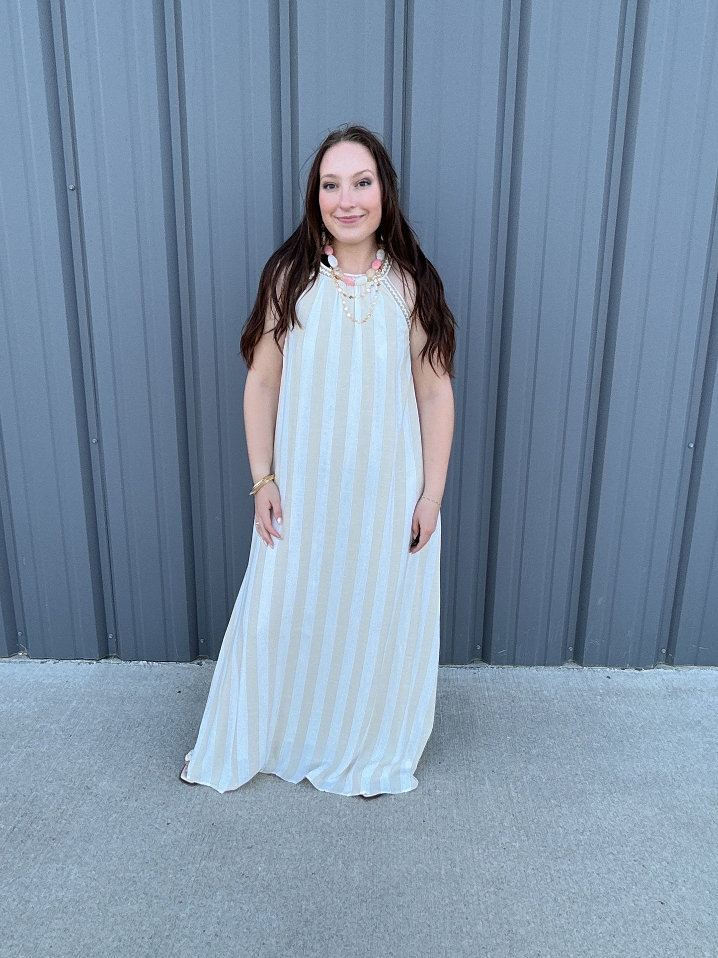 Striped Halter Neck A-Line Maxi Dress - Taupe
