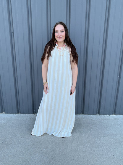 Striped Halter Neck A-Line Maxi Dress - Taupe